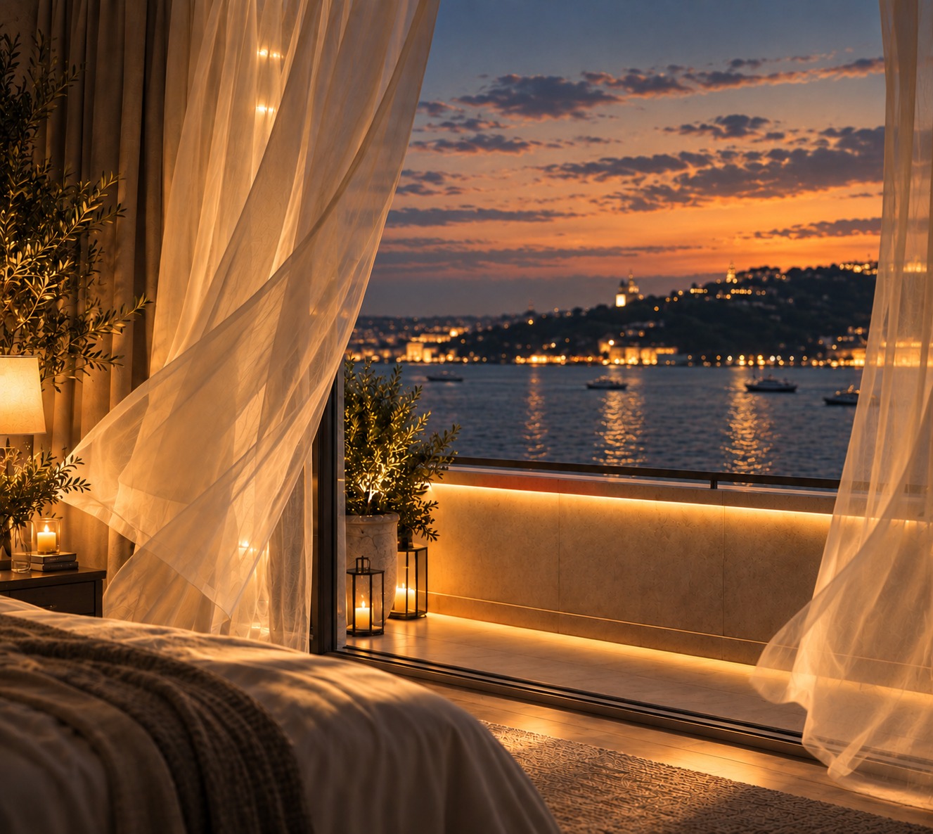 A woman looks out over the Bosphorus in Istanbul in the evening.